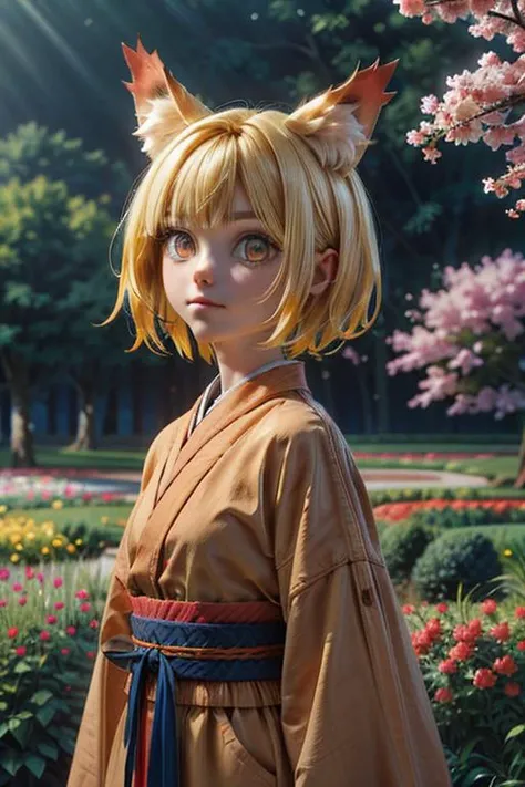 (masterpiece, best quality:1.2), highres, best illustration, 8k wallpaper, (Traditional Media), (2d:1.2), wide shot, (dynamic angle:1.1), , outline, ((thick lineart)), cover, stylish, official art, (details:1.2), (fantasy), garden, (bloom:1.1), glow:0.2, shadow, nature, cherry blossoms, particles, (depth of field), sharp focus, (volumetric lighting), (bokeh:0.6), film grain:0.4, day, (soft lighting:1.1), youukkoo, blonde hair, short hair, fox ears, orange kimono, orange eyes, animal ear fluff, looking at viewer <lora:Sengoku_Youko_00_01-000003:1>