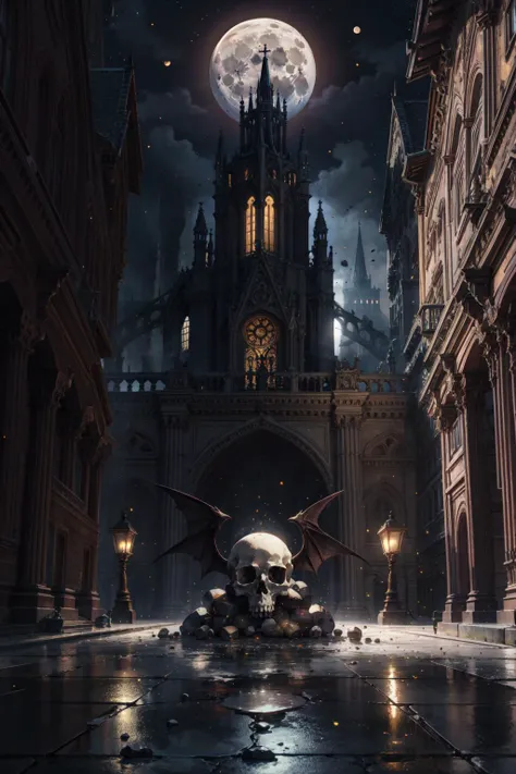 1girl, gothic architecture, gothic building, green particle, demon, moon, bright moonlight, full moon, skull on floor, very long hair, clothes with ridiculous details, night, night sky, fractal art, light, hell, death, masterpiece, best quality, Best official art, high quality, highres