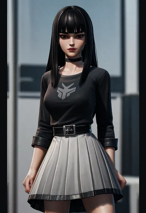 <lora:VRAMsCharlotte640:0.5>, xyzcharlotte, 1girl, black shirt, long hair, looking at viewer, portrait, masterpiece, best quality, blunt bangs, closeup, makeup, choker, skirt, belt, 3d model, octane render
