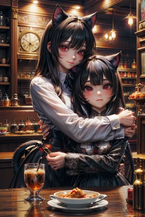 (masterpiece), (best quality), (intricate_details:1.1), (finely detailed:1.4), (distinct_image:1.2), (cafe background), girl, cute, (face focus), shiny red eyes/black hair, cat ears, vine, smooth lighting, shirt, hug, <lora:detail_slider_v4:1> <lora:Awy_Blur:1>