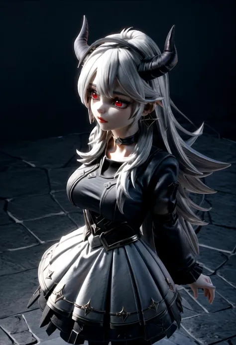 <lora:VRAMsPrincessLexaX07v2:0.5>, 1girl, xyzplexa, crown, (closeup, headshot:1.2), beautiful eyes, red eyes, 3d render style, octane, cycles, solo, choker, horns, from above, earrings, arms behind back, big breasts, skirt