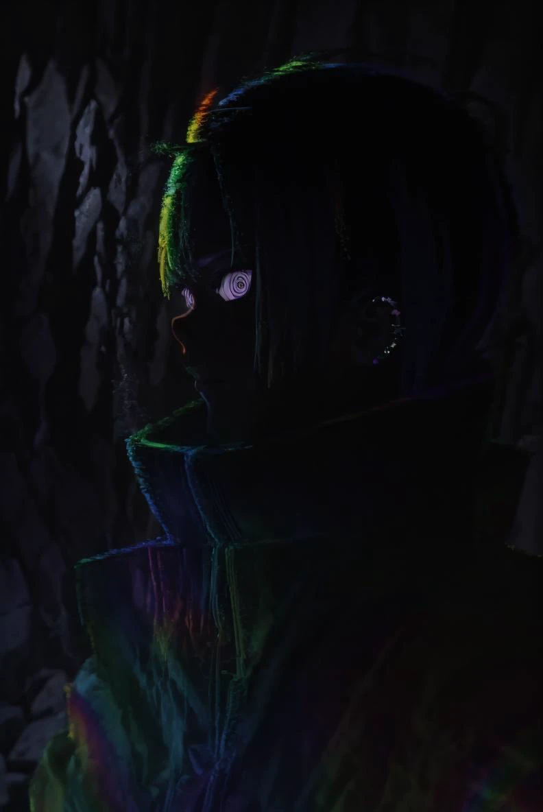 dark,glitch,rainbow, 1girl, purple eyes, piercing,looking at viewer,portrait,solo, cinematic lighting, chiaroscuro, absurdres, volumetric lighting, (detailed background, complex background:1.2) , masterpiece, (super detailed), <lora:add_detail:0.5> <lora:GoodHands-beta2:0.8> <lora:gentoshin_no_jutsu:1>