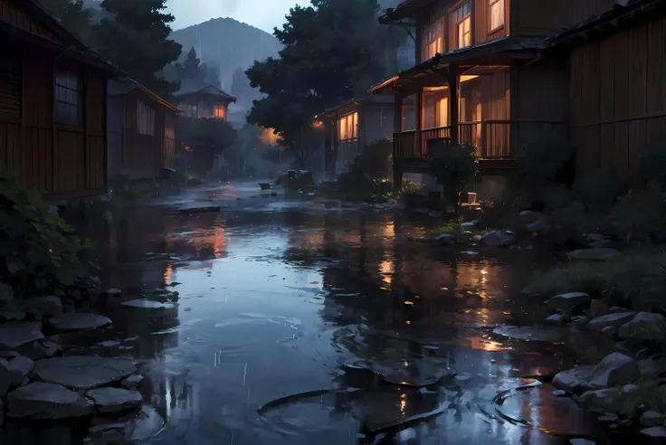 best_quality,Raw,illustration,(muted color,partially colored:0.8),detailed linear hatching\(texture\),official art,recolored,flat color,1girl,bloody_rain,reflection,lake,