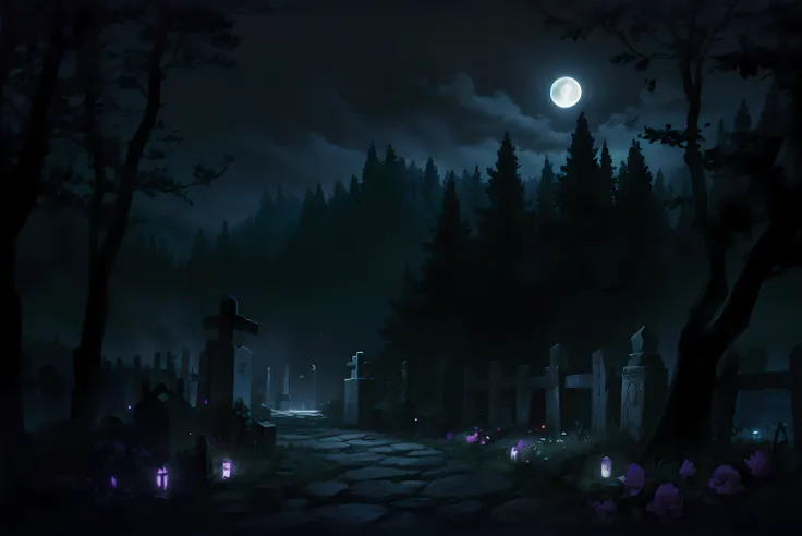 hires,high quality,best quality, chiaroscuro, graveyard-background,scenery, beautiful, clean, flowers, glowing flowers, night ,graveyard, moon, stone fence, stone walls, tombstones, ghost, eerie, ominous, forest