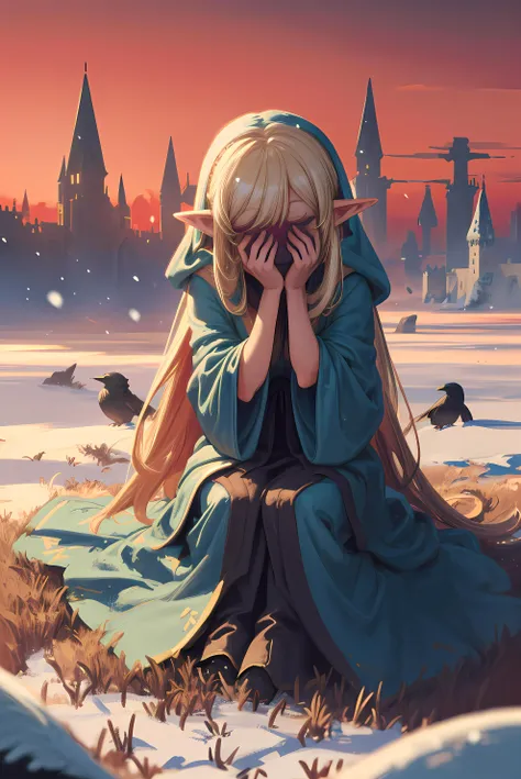 close up shot of a elven woman in a glowing magical robe covered runes, covering her face with her hands, She is sitting in a field lightly dusted with snow, a huge dark castle is visible in the background, blond hair, light blue skin tone, perfectly drawing hands, red sky, black crows are circling in the sky, LegendDarkFantasy, in the style of flat shading, by style Gemma Correll, 2d animation <lora:add_detail:0.35> <lora:hairdetailer:0.35>