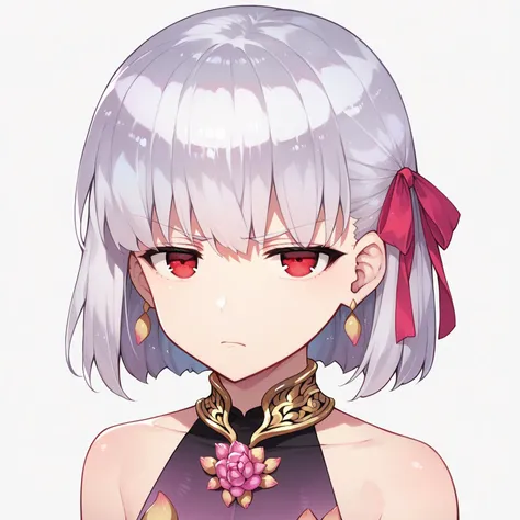 kama_(first_ascension)_(fate), 1girl, solo, by redrop, (white hair:1), 1 red ribbon, (silver hair:1), red eyes, blank expression, unamused, (short hair:1), (red hair ribbon), collarbone, masterpiece, slight blush, closed mouth, glare, light skin, upper body, slight blush, looking at viewer, gold earrings, big iris, score_9, score_8_up, score_7_up, score_6_up, score_5_up, score_4_up, white background, purple dress, metal collar, bare shoulder, young