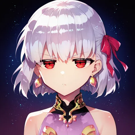 kama_(first_ascension)_(fate), 1girl, solo, by redrop, (white hair:1), 1 red ribbon, (silver hair:1), red eyes, (short hair:1), (red hair ribbon), collarbone, small breasts, masterpiece, slight blush, light skin, slight blush, looking at viewer, gold earrings, big iris, score_9, score_8_up, score_7_up, score_6_up, score_5_up, score_4_up, bare shoulders, young, huge eyes, big eyes, unamused, glare, detached sleeves, jewelry, straight-on, purple clothes, black space background, neutral expression