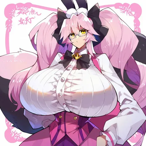 <lora:ReDrop-Style-PonyXL-Dora-v1.3-000048:1>, gigantic breasts, koyanrab, black bow, coattails, collared shirt, fox tail, glasses, hair between eyes, large breasts, long hair, long sleeves, pink hair, pink waistcoat, rabbit ears, sidelocks, sleeveless waistcoat, twintails, underbust, white pantyhose, white shirt, yellow eyes