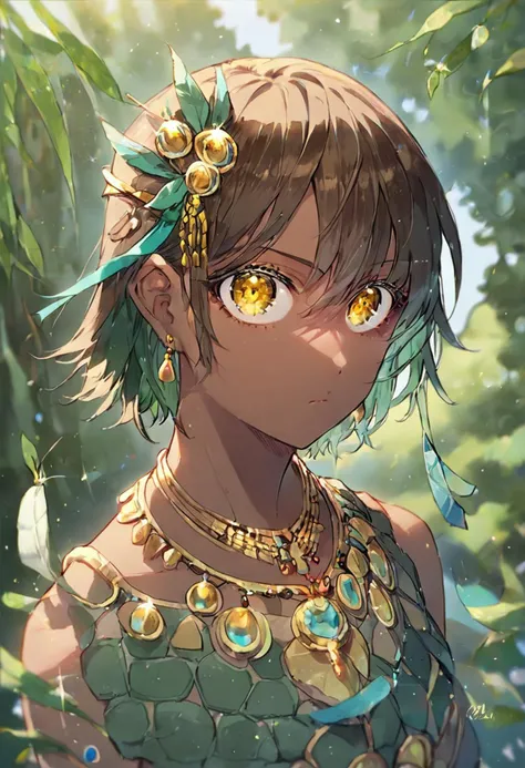 score_9, score_8_up, score_7_up,
outdoors background, detailed face, detailed clothing, gold green theme, source_anime, seaside cliff, rainforest,
BREAK
1girl, solo, detail1eye, dark skin, vertical face tattoo, closed mouth, confused expression, question mark, full body, looking at viewer, green hair, brown hair, multicolored hair, short hair, curly hair, golden eyes, unusual pupil, dynamic pose, hindu motif, leather armor, jewelry, golden necklace, turban, green headband, green feather ornament, medium breasts, turtle motif, earrings, bare shoulder, turtle, cowboy shot angle,