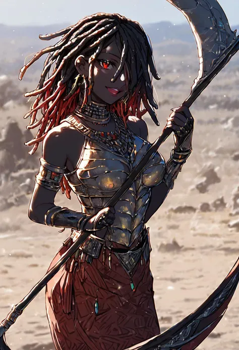 score_9, score_8_up, score_7_up,
outdoors background, detailed face, detailed clothing, red gold theme, source_anime, desert landscape, sahara desert,
BREAK
1girl, solo, detail1eye, upper body focus, ((black skin_), joyful expression, beautiful smile, open mouth, lipstick, (holding scythe:1.5), scythe, holding scythe vertically, long hair, blond hair, black hair, (multicolored hair:1.2), dreadlocks, (snake hair:1.3), hair over one eye, red eyes, african tribal outfit, black long skirt with serpentine motif, large breasts, (scale armor:1.4), gold scale armor, jewelry, earrings, necklace, snake girl, scales, scaly skin, bare shoulder, cowboy shot angle, looking at viewer,