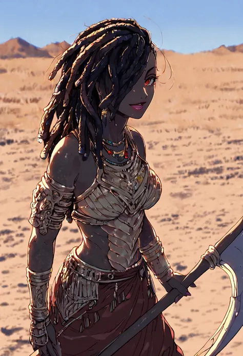 score_9, score_8_up, score_7_up,
outdoors background, detailed face, detailed clothing, red gold theme, source_anime, desert landscape, sahara desert,
BREAK
1girl, solo, detail1eye, upper body focus, ((black skin_), joyful expression, beautiful smile, open mouth, lipstick, (holding scythe:1.6), scythe, holding scythe vertically, long hair, blond hair, black hair, (multicolored hair:1.2), dreadlocks, (snake hair:1.3), hair over one eye, red eyes, african tribal outfit, black long skirt with serpentine motif, large breasts, (scale armor:1.4), gold scale armor, jewelry, earrings, necklace, snake girl, scales, scaly skin, bare shoulder, cowboy shot angle, looking at viewer,