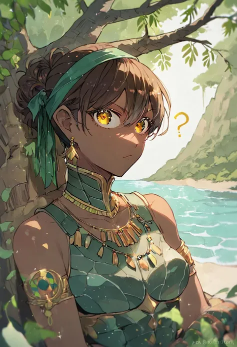 score_9, score_8_up, score_7_up,
outdoors background, detailed face, detailed clothing, gold green theme, source_anime, seaside cliff, rainforest,
BREAK
1girl, solo, detail1eye, dark skin, vertical face tattoo, closed mouth, confused expression, question mark, full body, looking at viewer, green hair, brown hair, multicolored hair, short hair, curly hair, golden eyes, unusual pupil, dynamic pose, hindu motif, leather armor, jewelry, golden necklace, turban, green headband, green feather ornament, medium breasts, turtle motif, earrings, bare shoulder, turtle, cowboy shot angle,