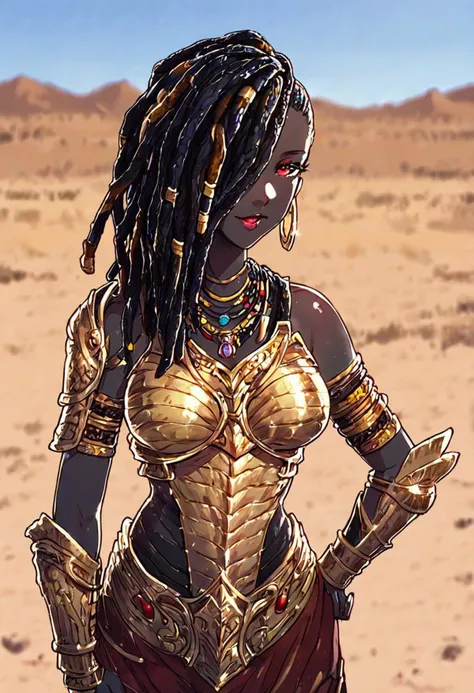 score_9, score_8_up, score_7_up,
outdoors background, detailed face, detailed clothing, red gold theme, source_anime, desert landscape, sahara desert,
BREAK
1girl, solo, detail1eye, upper body focus, ((black skin_), joyful expression, beautiful smile, open mouth, lipstick, hand on own hips, long hair, blond hair, black hair, (multicolored hair:1.2), dreadlocks, (snake hair:1.3), hair over one eye, red eyes, african tribal outfit, black long skirt with serpentine motif, large breasts, (scale armor:1.4), gold scale armor, jewelry, earrings, necklace, snake girl, scales, scaly skin, bare shoulder, cowboy shot angle, looking at viewer,