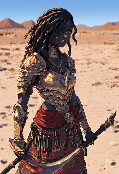 score_9, score_8_up, score_7_up,
outdoors background, detailed face, detailed clothing, red gold theme, source_anime, desert landscape, sahara desert,
BREAK
1girl, solo, detail1eye, upper body focus, ((black skin_), joyful expression, beautiful smile, open mouth, lipstick, (holding scythe:1.5), scythe, holding scythe vertically, long hair, blond hair, black hair, (multicolored hair:1.2), dreadlocks, (snake hair:1.3), hair over one eye, red eyes, african tribal outfit, black long skirt with serpentine motif, large breasts, (scale armor:1.4), gold scale armor, jewelry, earrings, necklace, snake girl, scales, scaly skin, bare shoulder, cowboy shot angle, looking at viewer,