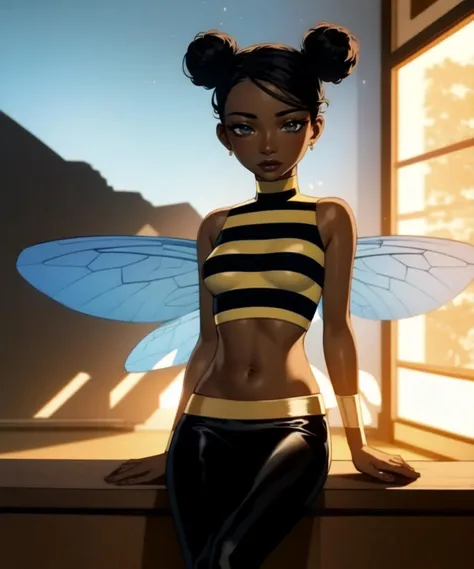 masterpiece, ultra detailed, girl(afrocentric), american next top model, braids & space bun hairstyle, slim thic, blue aesthetics, blue butterflies, anime, bee and puppycat style