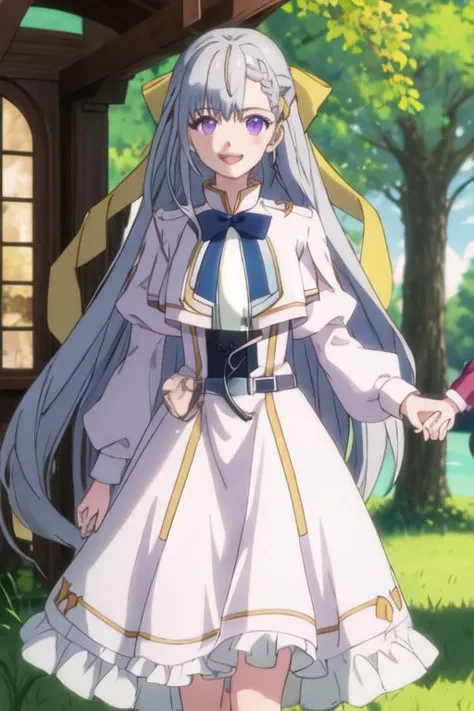 best quality, masterpiece, highres, solo, {euphyllia_magenta_tenseioujototensaireijounomahoukakumei:1.15}, purple_eyes, long_hair, bangs, grey_hair, braid, bow, blurry, hair_bow, hair_ornament, 2girls, :d, aged_down, ascot, blonde_hair, grass, long_sleeves, multiple_girls, open_mouth, smile, solo_focus, white_hair, dress, holding_hands, blush, outdoors, puffy_sleeves