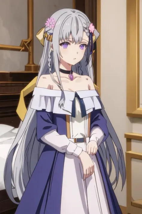 best quality, masterpiece, highres, solo, {euphyllia_magenta_tenseioujototensaireijounomahoukakumei:1.15}, purple_eyes, long_hair, bangs, grey_hair, braid, bow, blurry, hair_bow, hair_ornament, 1girl, bare_shoulders, choker, collarbone, flower, hair_flower, portrait, parted_lips, pink_flower, looking_at_viewer, ribbon