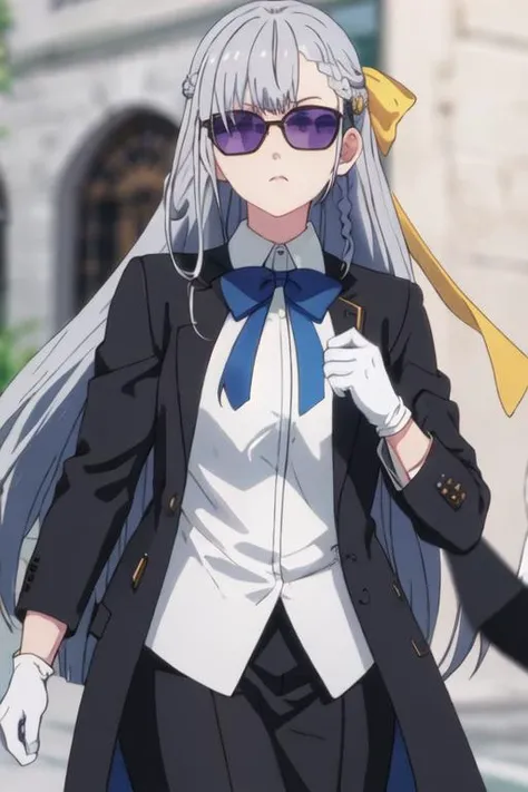 best quality, masterpiece, highres, solo, {illyasviel_von_einzbern_fatestaynightufotable:0.90}, {black business suit:1.40}, {tie:1.20}, {sunglasses:1.25}, {white gloves:1.15}, {white shirt:1.10}, {black skirt:1.15}, {smoking:1.20}, handsome