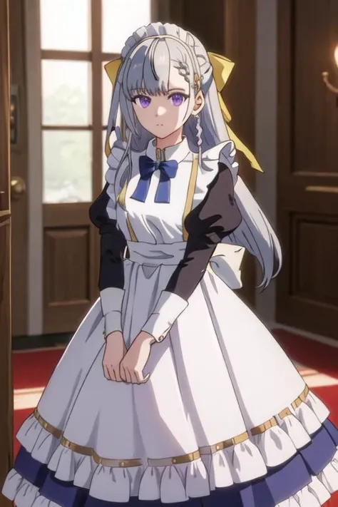 best quality, masterpiece, highres, solo, {maid:1.40}, {long maid dress:1.15}, {euphyllia_magenta_tenseioujototensaireijounomahoukakumei:1.15}, purple_eyes, long_hair, bangs, grey_hair, braid, bow, blurry, hair_bow, hair_ornament
