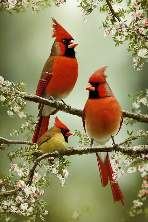 cardinal male bird male with cardinal female bird kissing in Japan, ethereal Bohemian Waxwing bird, Bombycilla garrulus :: intricate details, ornate, detailed illustration, octane render :: Johanna Rupprecht style, William Morris style :: trending on artstation <lora:epiNoiseoffset_v2:0. 5>, hdr, 8k, ultrarealistic, (masterpiece:1.5), animal planet photograph.