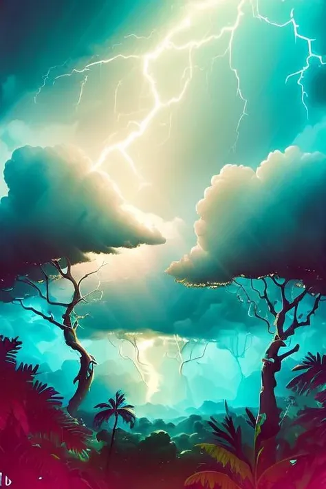 thunderstyle <lora:thunder_model:0.85> ((masterpiece)), (((best quality))), ((ultra-detailed)), (Amazing:1.1), beautiful, nature, sky and ground, heavy wind, windsweeped, line cloud,Light shoot from the cloud, in a lush remote folige jungle with jungle wildlife and fauna,award winning photo, BLN-L24, Exposure,High Contrast,Low Saturation,High Saturation 8k 3D, F 2.8 lens, Aerial View, Cinematic lighting, Bubble Bujo,Southern Gothic,Gothic Lolita