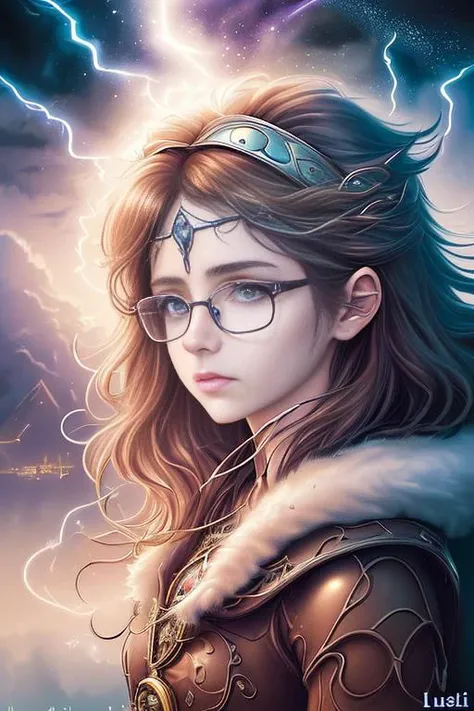 thunderstyle <lora:thunder_model-000008:0.75> ((best quality)), ((masterpiece)), (detailed), hlcivil, solo, glasses, headband, brown eyes, brown hair, coat, perched on a cloud, (fantasy illustration:1.3), enchanting gaze, captivating pose, delicate scars, otherworldly charm, mystical sky, (Luis Royo:1.2), (Yoshitaka Amano:1.1), moonlit night, soft colors, (detailed cloudscape:1.3), (high-resolution:1.2), city background