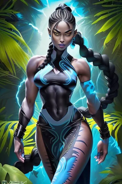 thunderstyle <lora:thunder_model-000008:0.5> woman in her 20s, (perfect face), defined jawline, beautiful lips, (beautiful bright yellow eyes), (long black braided ponytail:1.2), (blue skin:1.3), (perfect anatomy), (athletic body), (sexy), exposed midriff, (perfect hands), (white intricate sleeveless tribal dress), (leather arm bracers), (looking at viewer), (medium shot photograph), (tropical rainforest background),