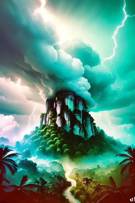 thunderstyle <lora:thunder_model:0.7> ((masterpiece)), (((best quality))), ((ultra-detailed)), (Amazing:1.1), beautiful, nature, sky and ground, heavy wind, windsweeped, line cloud,Light shoot from the cloud, in a lush remote folige jungle with jungle wildlife and fauna,award winning photo, BLN-L24, Exposure,High Contrast,Low Saturation,High Saturation 8k 3D, F 2.8 lens, Aerial View, Cinematic lighting, Bubble Bujo,Southern Gothic,Gothic ta