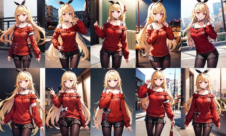 masterpiece, best quality, highres, hs1, red eyes, yellow eyes, hair bow, pantyhose, long sleeves, short shorts, off shoulder, collarbone, plaid, black pantyhose, red sweater, black choker, <lora:hoshikawa_sara_v10:0.7>, cowboy shot, smile, standing,