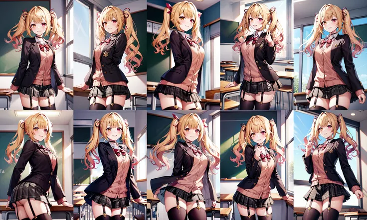 masterpiece, best quality, highres, hs1, red eyes, yellow eyes, twintails, hair ribbon, long sleeves, red bow, pink cardigan, black thighhighs, plaid skirt, black choker, garter straps, school uniform, black jacket, open jacket, <lora:hoshikawa_sara_v10:0.7>, cowboy shot, classroom, standing, smile