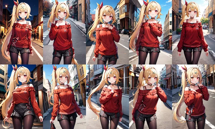 masterpiece, best quality, highres, hs1, red eyes, yellow eyes, side ponytail, x hair ornament, pantyhose, long sleeves, short shorts, off shoulder, plaid, black pantyhose, red sweater, black choker, <lora:hoshikawa_sara_v10:0.7>, cowboy shot, standing, street