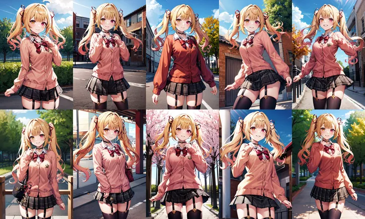 masterpiece, best quality, highres, hs1, red eyes, yellow eyes, twintails, hair ribbon, long sleeves, red bow, pink cardigan, black thighhighs, plaid skirt, red ribbon, black choker, garter straps, school uniform, <lora:hoshikawa_sara_v10:0.7>, outdoors, cowboy shot, standing, smile