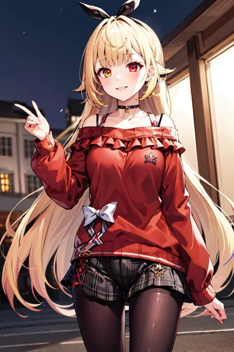 masterpiece, best quality, highres, hs1, red eyes, yellow eyes, hair bow, pantyhose, long sleeves, short shorts, off shoulder, collarbone, plaid, black pantyhose, red sweater, black choker, <lora:hoshikawa_sara_v10:0.7>, cowboy shot, smile, standing,