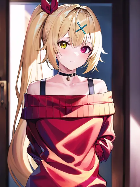 (masterpiece:1.3), (absurdres:1.3), (best quality:1.3), hand of Guido Daniele, (ultra-detailed:1.3),(best shadow:0.7), (handled hair), 1girl, solo, hs1, heterochromia, red eyes, yellow eyes, blonde hair, side ponytail, breasts, x hair ornament, arms_behind_back, (sweater, off_shoulder, long sleeve), choker, strap,