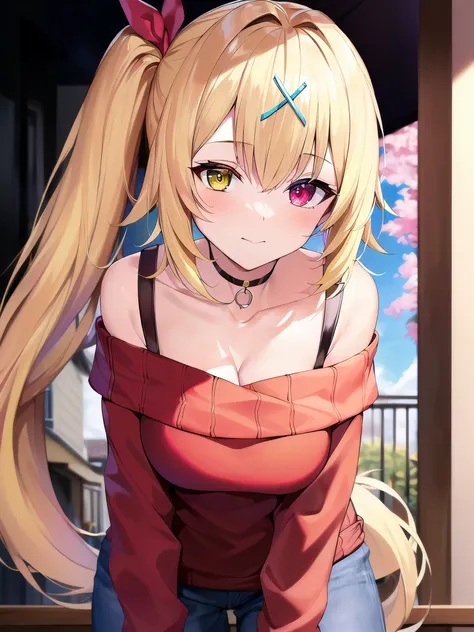(masterpiece:1.3), (absurdres:1.3), (best quality:1.3), hand of Guido Daniele, (ultra-detailed:1.3),(best shadow:0.7), (handled hair), 1girl, solo, hs1, heterochromia, red eyes, yellow eyes, blonde hair, side ponytail, large breasts, x hair ornament, (sweater, off_shoulder, long sleeve), choker, strap, leaning forward