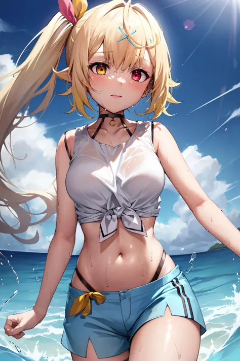 absurd res, 1girl,solo,cinematic lighting,hawai bright ocean ,wet skin,water splash,
hs1, red eyes, yellow eyes, side ponytail, x hair ornament, thigh strap, blue shorts, front-tie top, hair ribbon, midriff, panty straps, sleeveless, white shirt, black choker,
Medium breasts,natural face,
<lora:hoshikawa_sara_v10:0.8> <lora:Silicon-landscape-isolation:1>