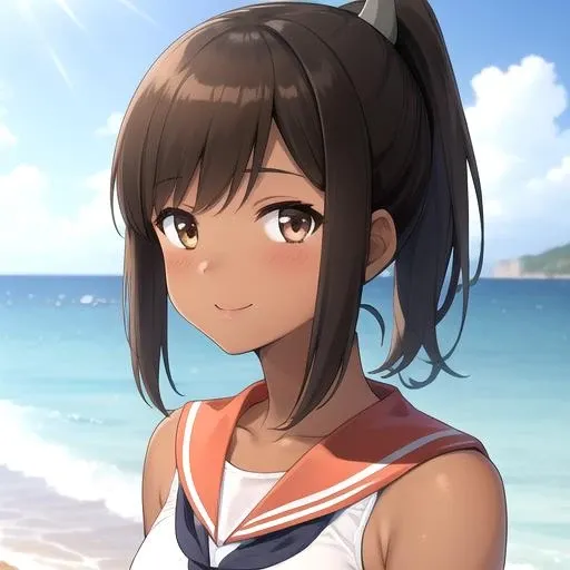 ((masterpiece)),(best quality),official art,extremely detailed CG,unity 8k wallpaper,ultra detailed,A lighthouse on a cliff by the sea,1girl,solo,upper body,(portrait:1.2),brown_hair,dark skin,tan,school_swimsuit,brown_eyes,smile,one-piece_swimsuit,swimsuit_under_clothes,sailor_collar,short_hair,looking_at_viewer,blush,school_uniform,short_ponytail,<lora:I·401(kan)>,