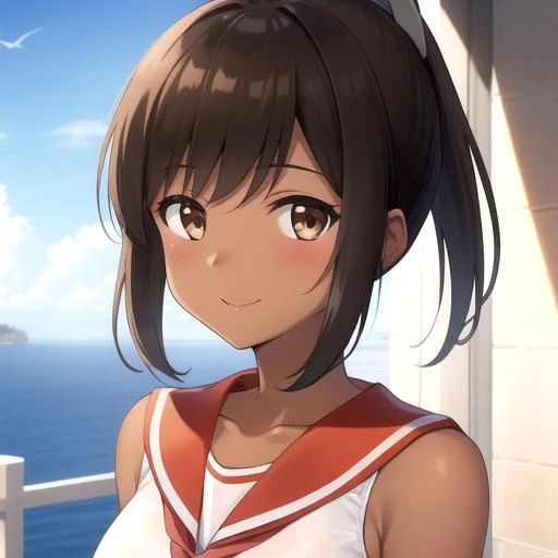 ((masterpiece)),(best quality),official art,extremely detailed CG,unity 8k wallpaper,ultra detailed,A lighthouse on a cliff by the sea,1girl,solo,upper body,(portrait:1.2),brown_hair,dark skin,tan,school_swimsuit,brown_eyes,smile,one-piece_swimsuit,swimsuit_under_clothes,sailor_collar,short_hair,looking_at_viewer,blush,school_uniform,short_ponytail,<lora:I·401(kan)>,