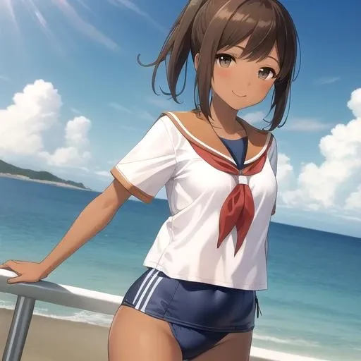 ((masterpiece)),(best quality),official art,extremely detailed CG,unity 8k wallpaper,ultra detailed,A lighthouse on a cliff by the sea,1girl,solo,cowboy shot,brown_hair,dark skin,tan,school_swimsuit,brown_eyes,smile,one-piece_swimsuit,swimsuit_under_clothes,sailor_collar,short_hair,looking_at_viewer,blush,school_uniform,short_ponytail,<lora:I·401(kan)>,