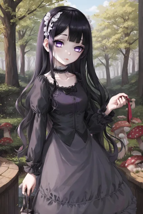 <lora:asial-09:0.6>, lips, bags under eyes, black hair, purple eyes, pale skin, dress, hairband, forest, mushroom, <lora:hardgore2-10:0.6>, hardgore alice, expressionless, looking at viewer