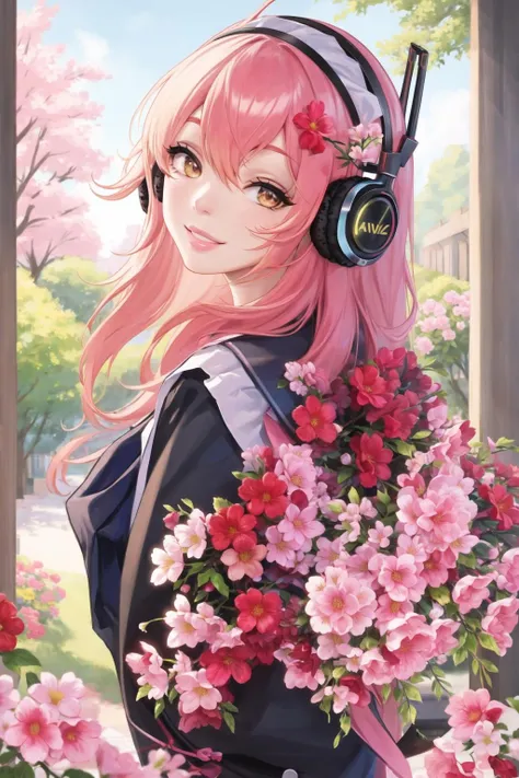 <lora:asial-09:0.6>, headphones, flowers, long hair, smile, lips, looking at viewer