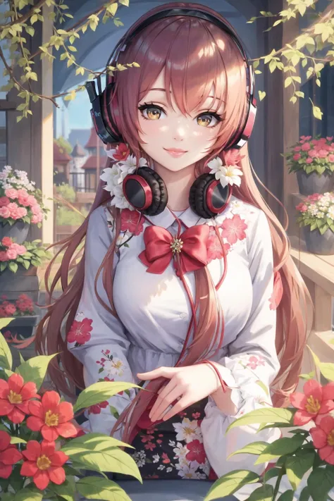 <lora:asial-09:0.6>, headphones, flowers, long hair, smile, lips, looking at viewer
