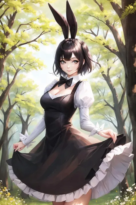 <lora:asial-09:0.6>, rabbit ears, top hat, dress, smile, lips, forest, outdoors, short hair