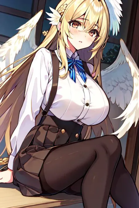 (unparalleled masterpiece, masterpiece:1.3), best quality, high quality, absurdres, game cg, 1girl, <lora:hisen_kaede-000050:0.8> hisen kaede, solo, blonde hair, very long hair, hair between eyes, french braid, hair intakes, blunt bangs, brown eyes, angel wings, wings, feathered wings, white wings, large wings, gigantic breasts, white shirt, brown suspenders, brown skirt, pantyhose, white pantyhose