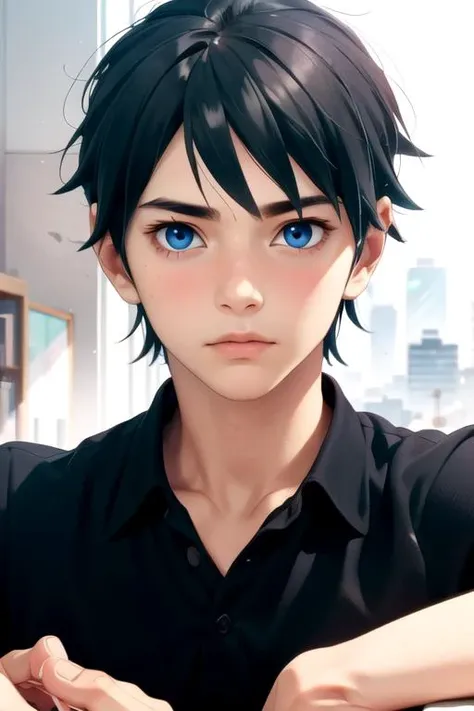 masterpiece, best quality, movie still, 1boy, solo, male focus, looking at viewer, , depth of field, , realistic, <lora:haruhiko_takase:0.70>, haruhiko_takase, black hair, blue eyes, polo shirt, homburg, The City of Mirrors,