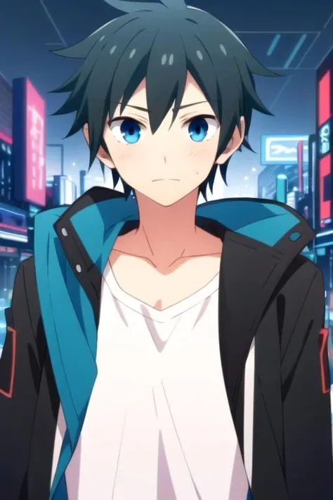 masterpiece, best quality, wallpaper, 1boy, solo, male focus, looking at viewer, upper body, , anime coloring, , <lora:haruhiko_takase:0.66>, haruhiko_takase, black hair, blue eyes, , , cyberpunk, Blu-ray