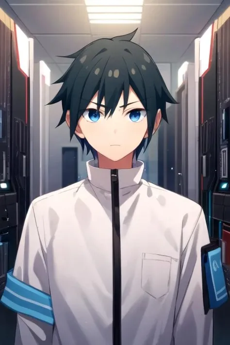 masterpiece, best quality, illustration, 1boy, solo, male focus, looking at viewer, upper body, , , , <lora:haruhiko_takase:0.68>, haruhiko_takase, black hair, blue eyes, , science fiction social science fiction, HDR
