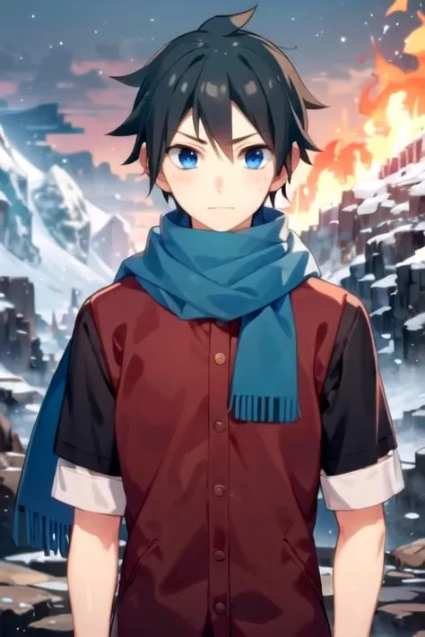masterpiece, best quality, , 1boy, solo, male focus, looking at viewer, upper body, , , , <lora:haruhiko_takase:0.74>, haruhiko_takase, black hair, blue eyes, scarf, , The Mountain of Fire,
