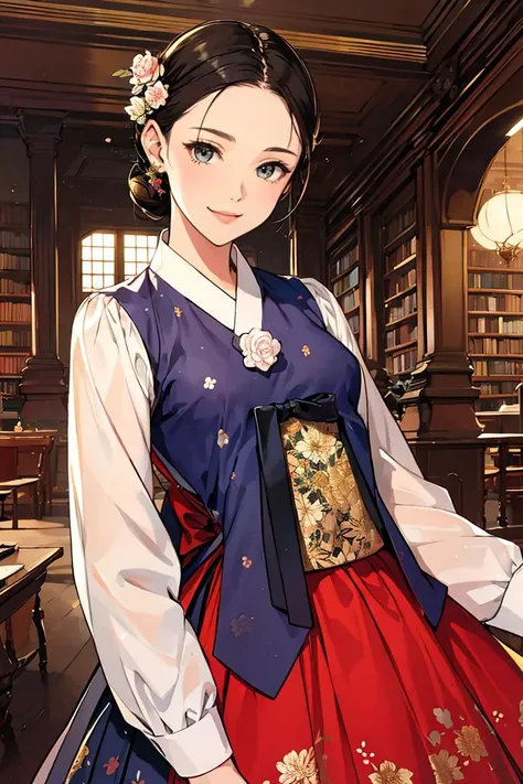 woman wearing dangui,waist up,sweet smile,floral pattern with golden speckles,beautiful victorian library,shimmering fabric,serene,masterpiece,8k,trending on pixiv,highest quality,<lora:DanguiHanbokV2:0.8>,
