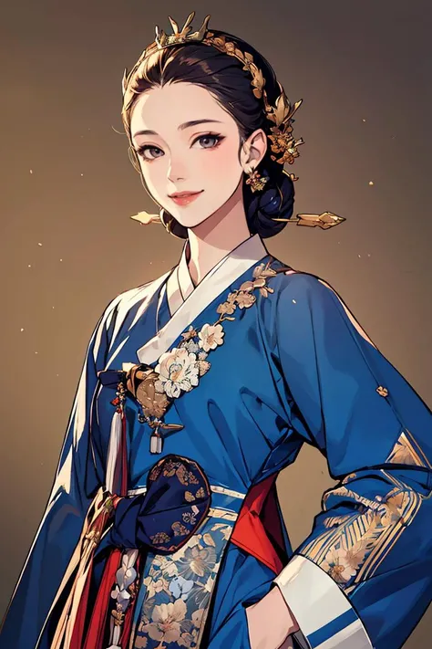woman wearing dangui,waist up portrait,sweet smile,updo,extremely detailed clothes,masterpiece,8k,trending on pixiv,highest quality,<lora:DanguiHanbokV2:0.8>,